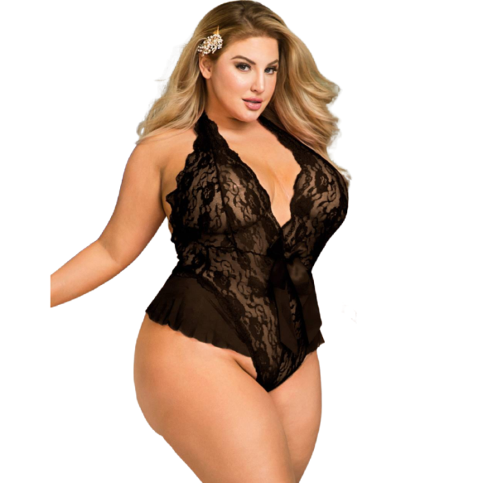 QUEEN LINGERIE DEEP V BACKLESS LACE TEDDY PLUS SIZE